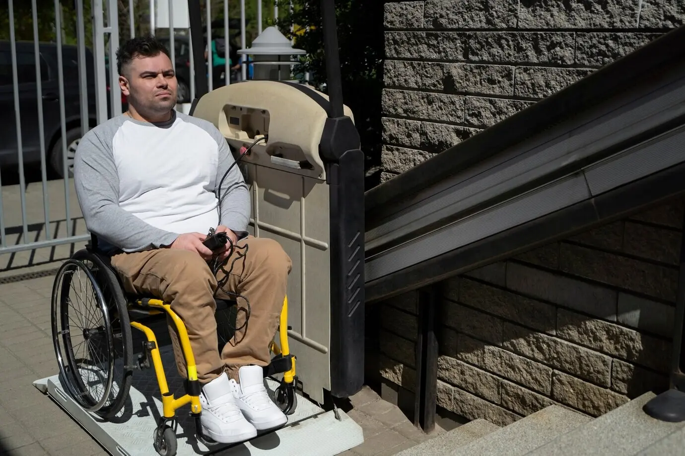 High-angle view of a man in a wheelchair.